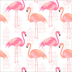 Seamless polka dot pattern with pink flamingo. Vector.