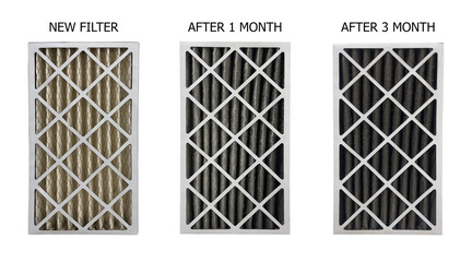 Real air filter in Air Handing Unit after 1 month and 3 months for remove dust  - obrazy, fototapety, plakaty