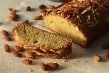 Ghee cake slice. Vanilla flavoured ghee cake with almonds on top. The perfect accompaniment for a cup of coffee.