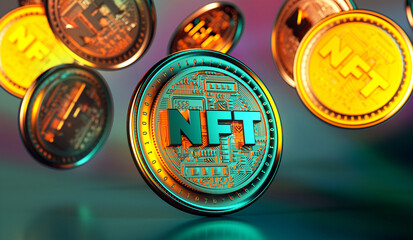 NFT non fungible token golden coins falling. Trendy cryptocurrencies and coins on the blockchain technology. Close up view of crypto money in 3D rendering - obrazy, fototapety, plakaty