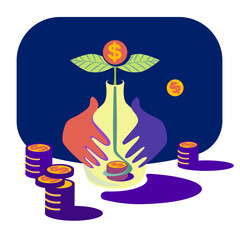 Money are growing out of a handful of coins. Stacks of coins. Person who grows money in a bottle.Business metaphor. Economics. Growing money.