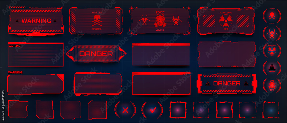 Poster Red warning screen frames and HUD info borders. Cyberpunk interface elements, Safety system alert window, info box, callouts HUD for UI, GUI. Hi-tech Warning panels, holograms. Vector collection FUI