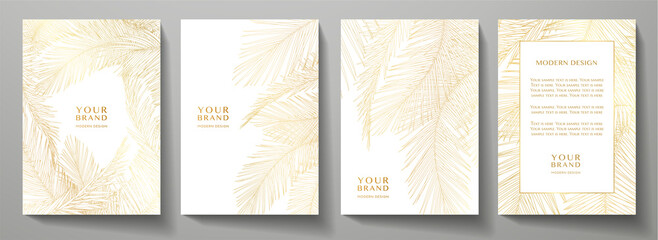 Tropical cover, frame design set with line palm leaf pattern (gold palm tree leaves). Premium golden vector on white background useful for brochure template, exotic restaurant menu, invitation - obrazy, fototapety, plakaty