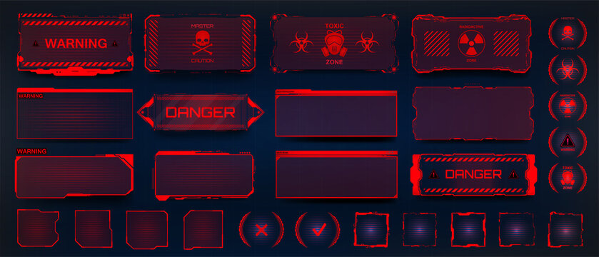 Red warning screen frames and HUD info borders. Cyberpunk interface elements, Safety system alert window, info box, callouts HUD for UI, GUI. Hi-tech Warning panels, holograms. Vector collection FUI