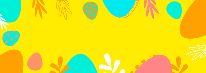 Happy Easter vector greeting card, banner or poster design template. Geometric lettering and colorful Easter eggs. Overlapping creative yellow  background. Modern concept for holiday. Vector
