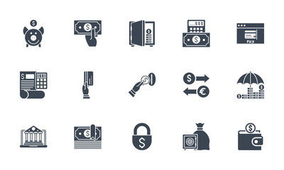 Banking icons set. Related glyph icons. Isolated on white background