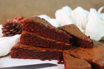 Chocolate brownie slices. Home baked fudgy chocolate brownie
