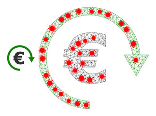 Polygonal Euro repay in infection style. Mesh carcass Euro repay image in low poly style with combined linear items and red infection centers. Vector model is created from Euro repay with covid items.