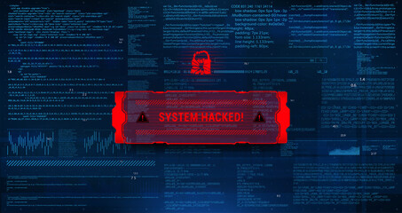System hacking with info message. Background with a code on a blue background and a virus warning. Concept Malware penetration, virus, data leakage threat, system hacking, scam, ddos Vector background - obrazy, fototapety, plakaty