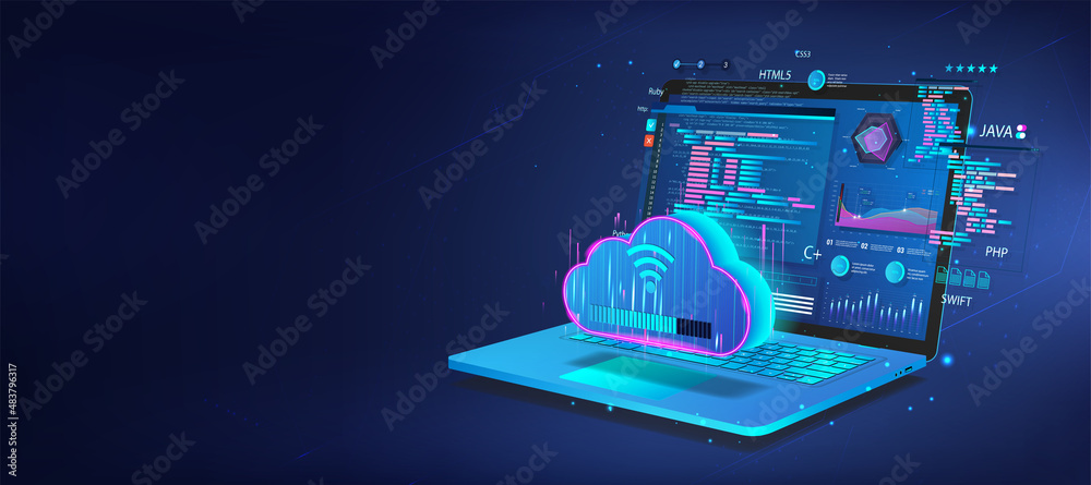 Poster Laptop with program code on screen and download from cloud service. Web coding and software development concept banner. Remote work. Setting up and managing a cloud service. Vector illustration