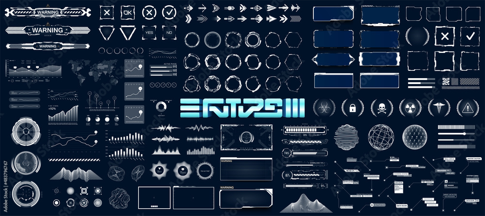 Poster HUD box digital elements for futuristic UI, UX and GUI projects. Hi-tech elements - frame, circle charts, callouts titles, frame, info box, graphics, shapes. HUD, UI, VR vector collection objects
