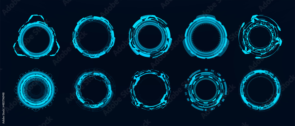 Poster Circle HUD. Futuristic elements for games UI, UX, GUI. Sci-fi circular design. Camera viewfinder collection, Military collimator sight, Sniper weapon target hud aiming, gun targets. Circle HUD set