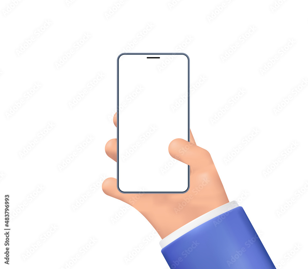 Poster simple realistic cartoon hand with smartphone. mockup frontal mobile phone in hand businessman with 