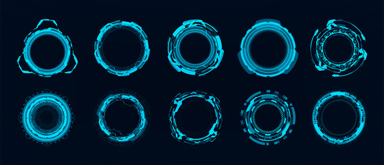 Circle HUD. Futuristic elements for games UI, UX, GUI. Sci-fi circular design. Camera viewfinder collection, Military collimator sight, Sniper weapon target hud aiming, gun targets. Circle HUD set