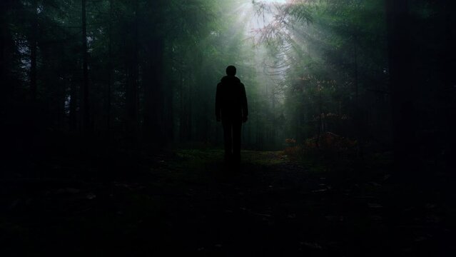 Dark person silhouette shadow stands on mystic forest path copy.