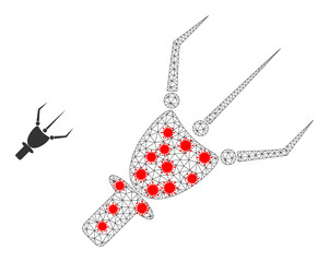 Polygonal nanobot arm in infection style. Mesh wireframe nanobot arm image in low poly style with combined linear items and red covid elements.