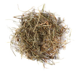 Hay nest, straw, thatch pile isolated on white background, top view
