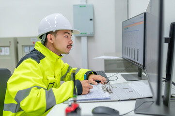 Electrical engineer man checking voltage at the Power Distribution Cabinet in the control...