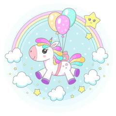 Cute little pony, unicorn flies on balloons near the rainbow.For children's design of prints, posters, stickers, cards and so on. Vector