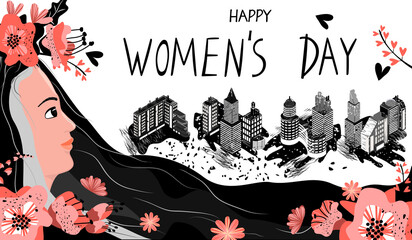 Happy Womens Day horizontal banner with cute girl,flowers,black white color cityscape and hand lettered text.Flat cartoon female character drawn in profile with floral elements.Isolated illustration.