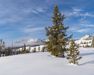 High winter snow field in the Sawtooth Mountains near Stanley Idaho