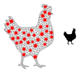 Polygonal walking chicken in infection style. Polygonal wireframe walking chicken image in lowpoly style with organized lines and red infection centers.