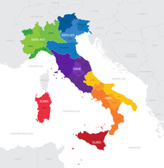 Map of the macroregions of Italy and with current administrative regions, detailed vector illustration