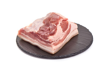 Raw pork brisket, bacon, isolated on white background.