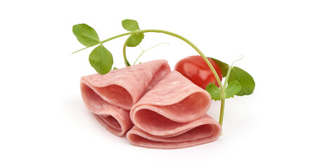 Twisted salami slices, isolated on white background.