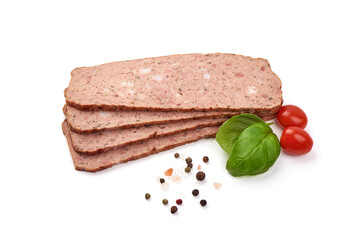 Sliced Baked meatloaf, minced meat roll, isolated on white background.