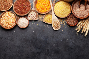 Gluten free cereals. Rice, buckwheat, corn groats, quinoa and millet