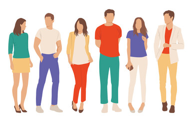 Fototapeta premium Set of young men and women, different colors, cartoon character, group of silhouettes of standing business people, students, the design concept of flat icon, isolated on white background