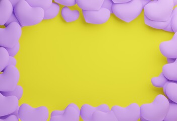 beautiful yellow background with a frame of lilac hearts