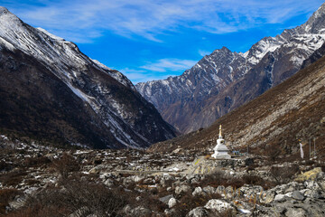 Traditional old buddhist stupa in the Himalaya mountains. Tamang Heritage Trail and Langtang trek day 9 from Kyanjin Gumpa to Langtang