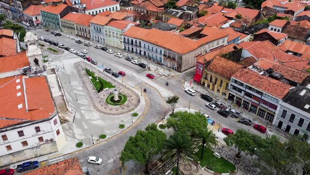 Panning wide landscape of historic buildings of capital city of Maranhao. Downtown Sao Luis Maranhao Brazil. Northeast Brazil.  Tourism landmark. Travel destination.