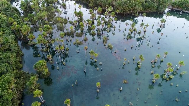 Aerial view of Macaws Lake at Nobres Mato Grosso Brazil. Touristic point. Great landscape. Travel destination. Vacation travel. Bom Jardim village at Nobres Mato Grosso Brazil.