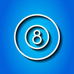 Billiard 8-ball simple icon. Flat desing. White icon with shadow on blue background.ai