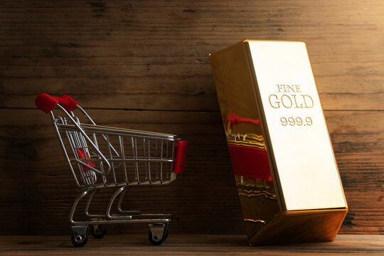 Large Shiny Gold Bar Near The Tiny Shopping Cart.