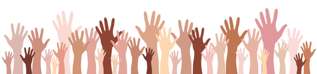 Hands up skin tone silhouettes raised up vector set banner. Multinational international concept of team, volunteer, vote, group, friendship, unity, group, association, company, partnership