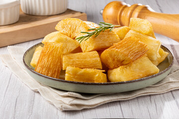 Fried cassava. Cassava, traditional Brazilian food.