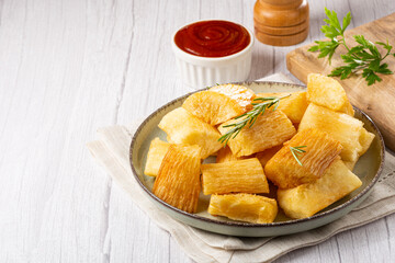 Fried cassava. Cassava, traditional Brazilian food.