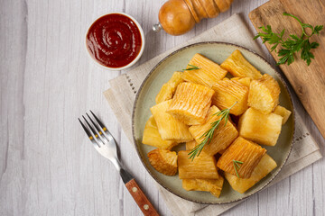 Fried cassava. Cassava, traditional Brazilian food.