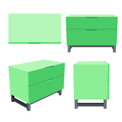 Flat design green night stand vector with plan view, side view, isometric view and front view.