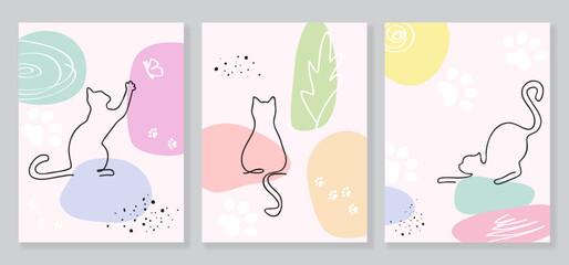 Set of vector wall art drawing with cats in one line style and abstract shapes in pastel colors. 
Design for print, cover, minimalistic and natural wall art, for bedroom or children's room.