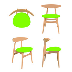 Flat design green simple chair chair vector with plan view, side view, isometric view and front view.