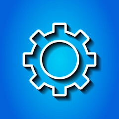 Gear simple icon vector. Flat desing. White icon with shadow on blue background.ai