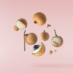 Fresh raw longan fruit falling in the air isolated on  pink background.