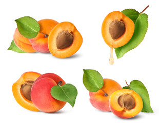 A set with Fresh raw sweet Apricot with green leaves isolated on white background.