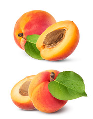 A set with Fresh raw sweet Apricot with green leaves isolated on white background.
