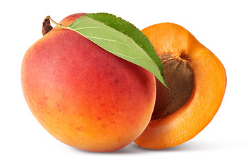Fresh raw sweet Apricot with green leaves isolated